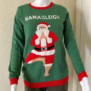 Norther Pole Namasleigh Santa Clause Yoga Novelty Green Red Christmas Sweater M